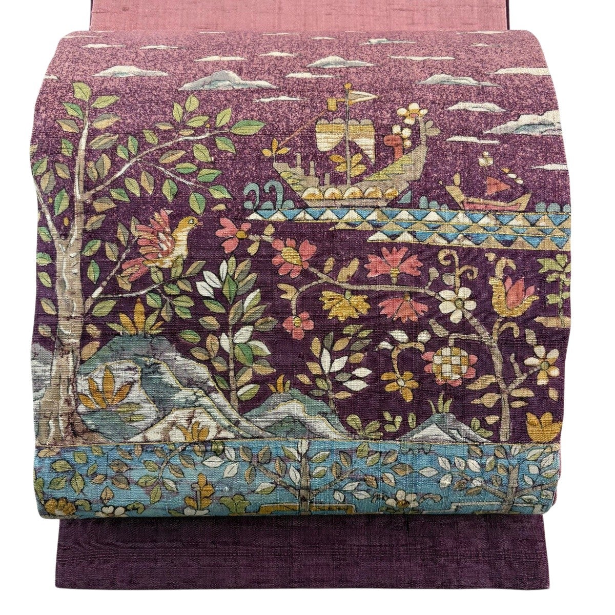 袋帯 名品 落款あり 鳥 枝花 金彩 赤紫 お太鼓柄 正絹｜中古・古着