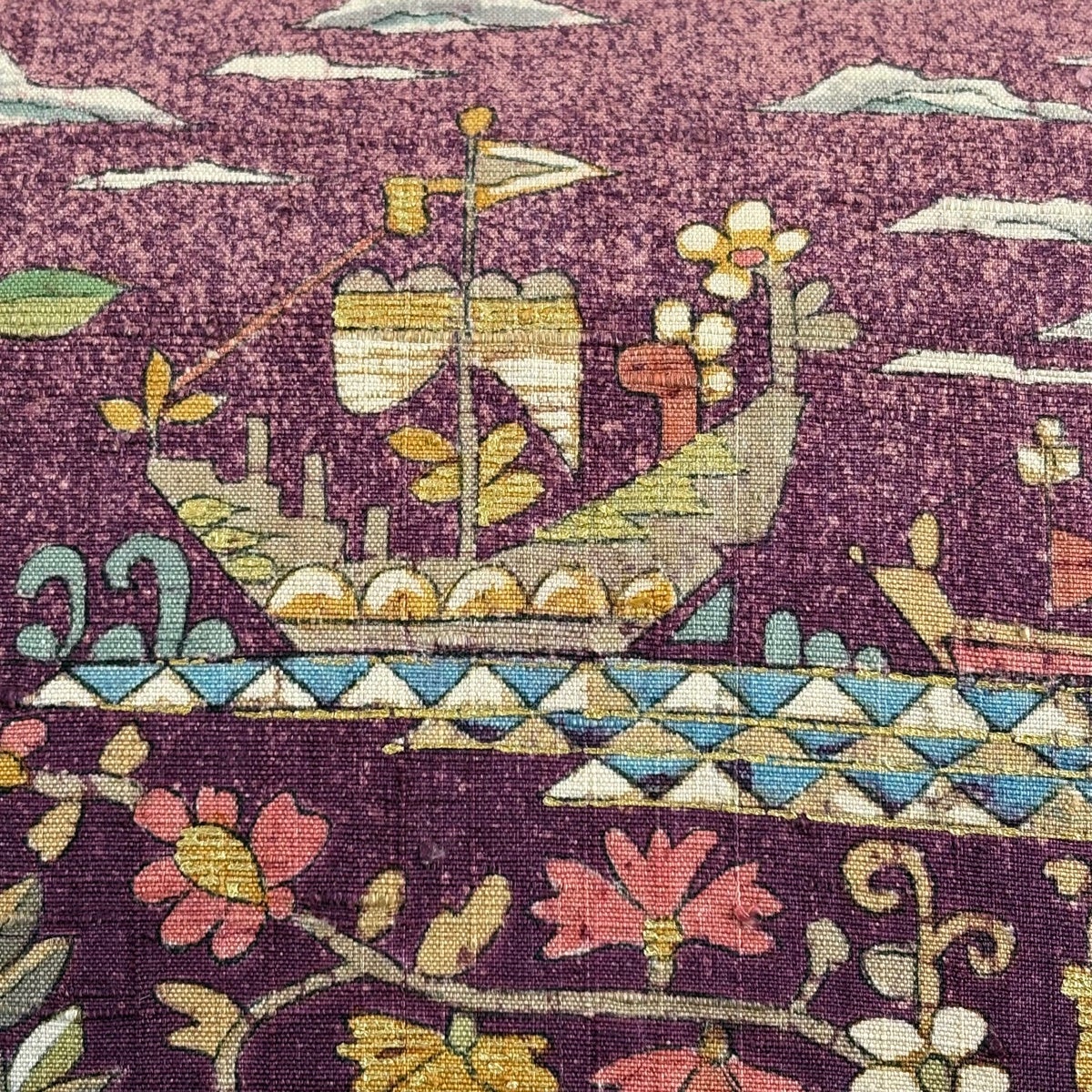 袋帯 名品 落款あり 鳥 枝花 金彩 赤紫 お太鼓柄 正絹｜中古・古着