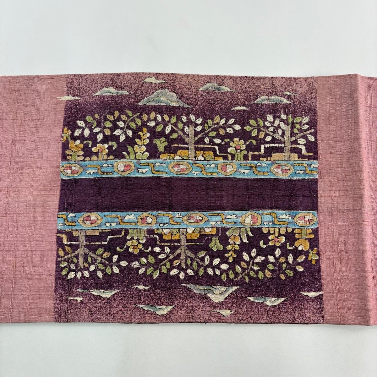 袋帯 名品 落款あり 鳥 枝花 金彩 赤紫 お太鼓柄 正絹｜中古・古着