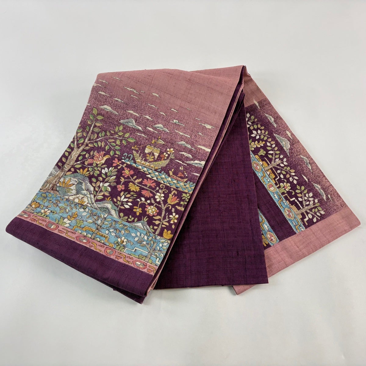 袋帯 名品 落款あり 鳥 枝花 金彩 赤紫 お太鼓柄 正絹｜中古・古着