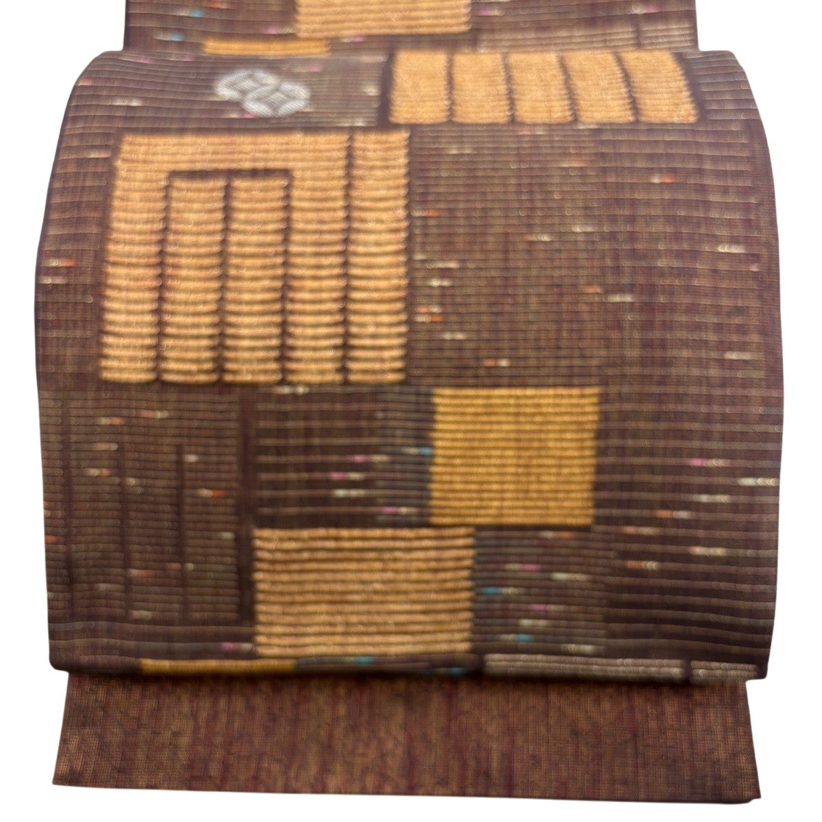 美品】 袋帯 名品 源氏香 七宝 金糸 箔 茶紫 六通 正絹｜中古・古着
