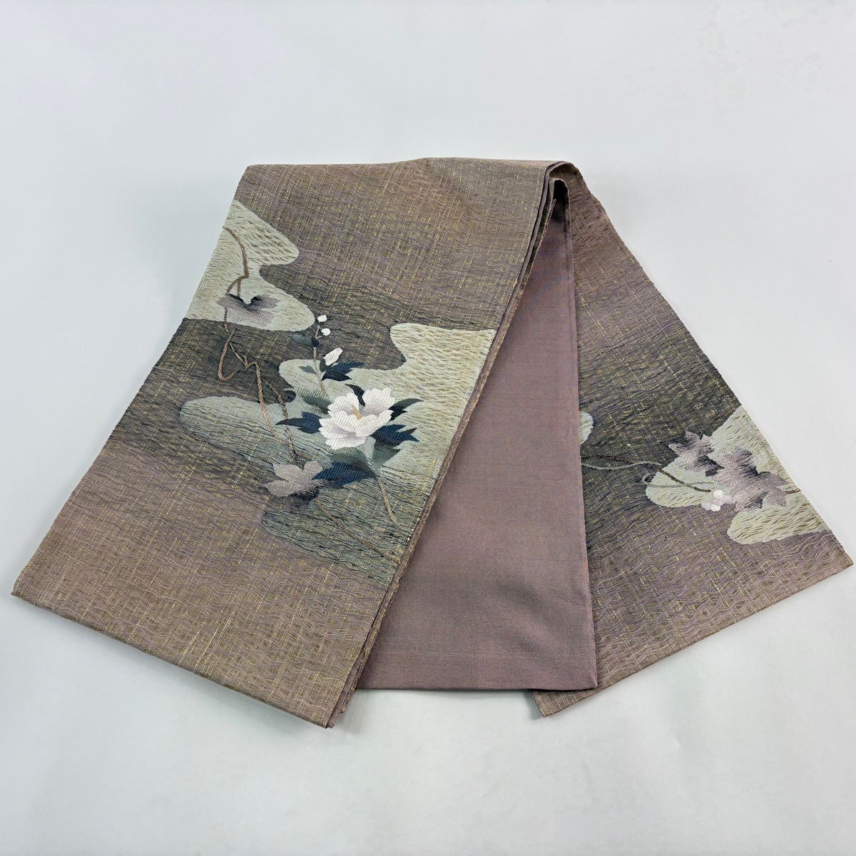 美品】 袋帯 名品 枝花 霞 金糸 薄紫 お太鼓柄 正絹｜中古・古着