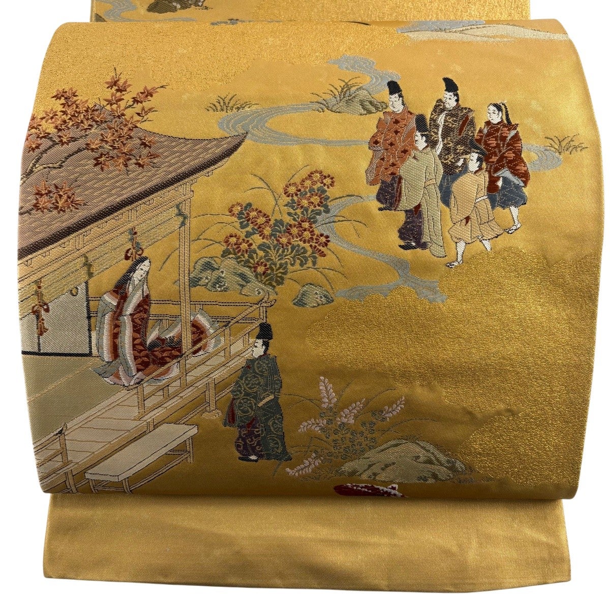 美品】 袋帯 名品 証紙あり 平安絵巻物 本金箔 人物 建物 金糸 箔 金色