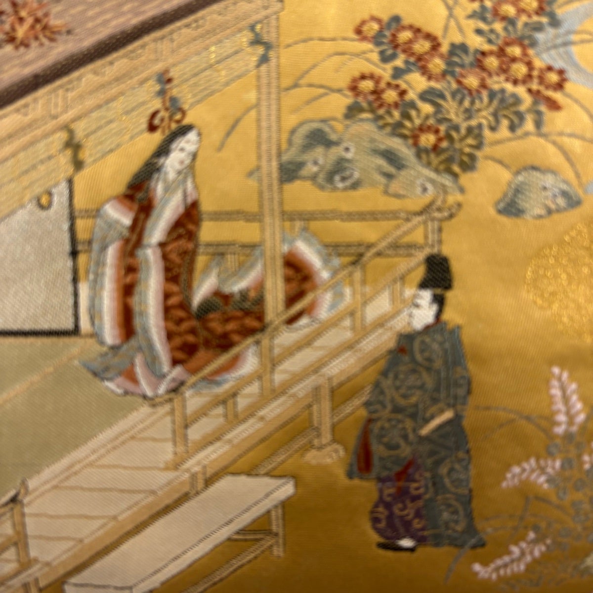 美品】 袋帯 名品 証紙あり 平安絵巻物 本金箔 人物 建物 金糸 箔 金色