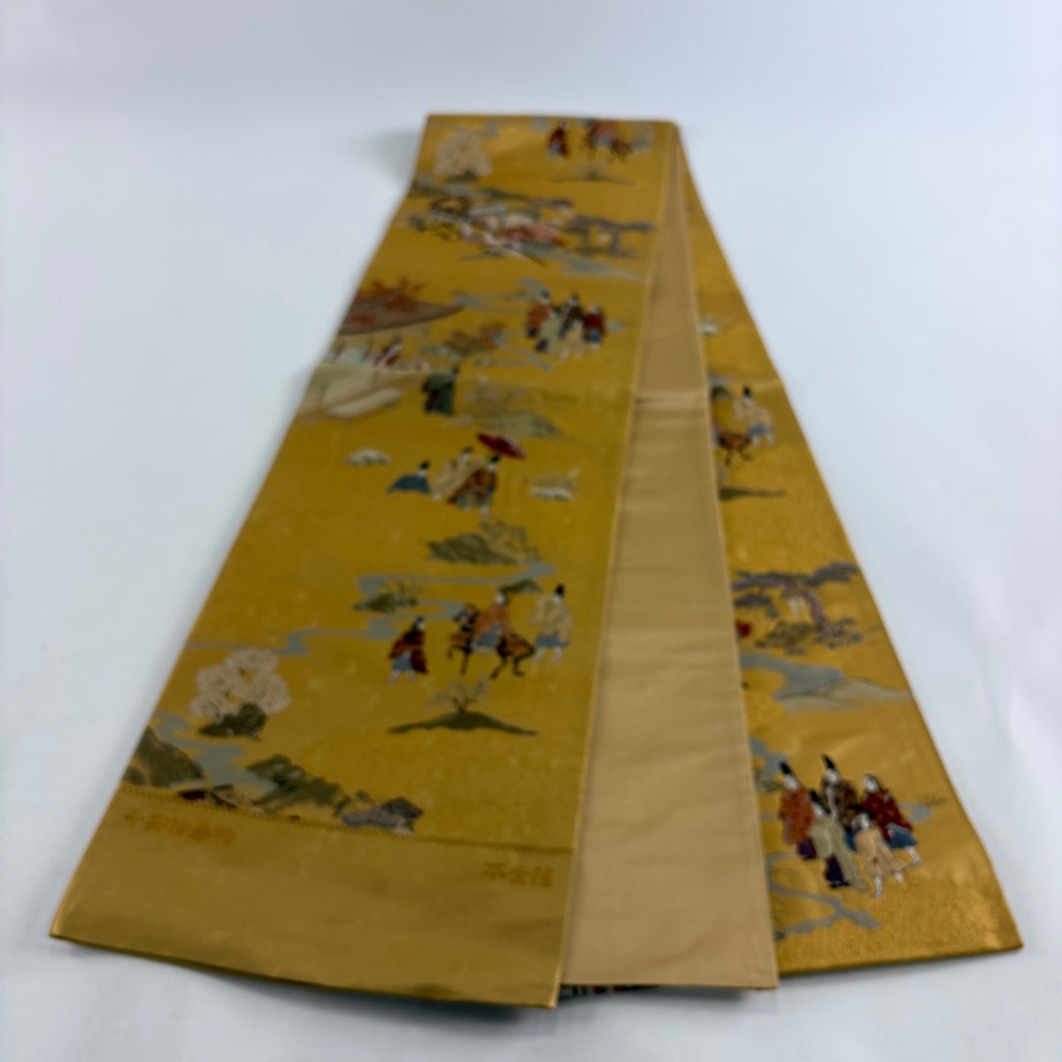 美品】 袋帯 名品 証紙あり 平安絵巻物 本金箔 人物 建物 金糸 箔 金色