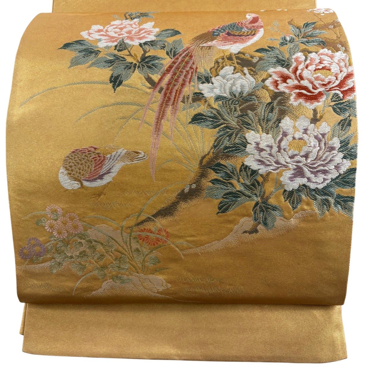 袋帯 名品 証紙あり 花鳥御苑文 金糸 箔 金色 六通 正絹｜中古・古着