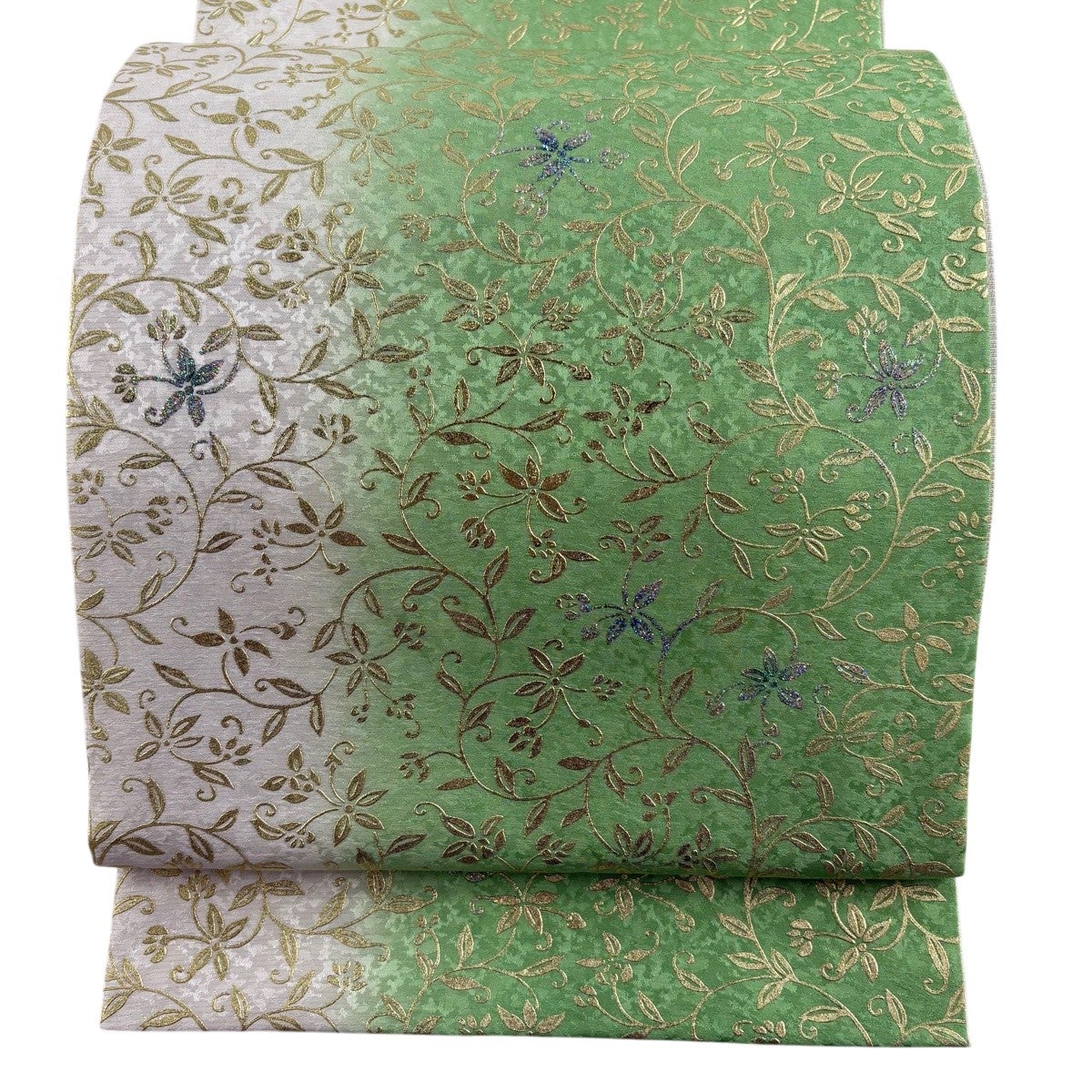 美品】 袋帯 名品 花唐草 銀通し ラメ 薄緑 お太鼓柄 正絹｜中古・古着