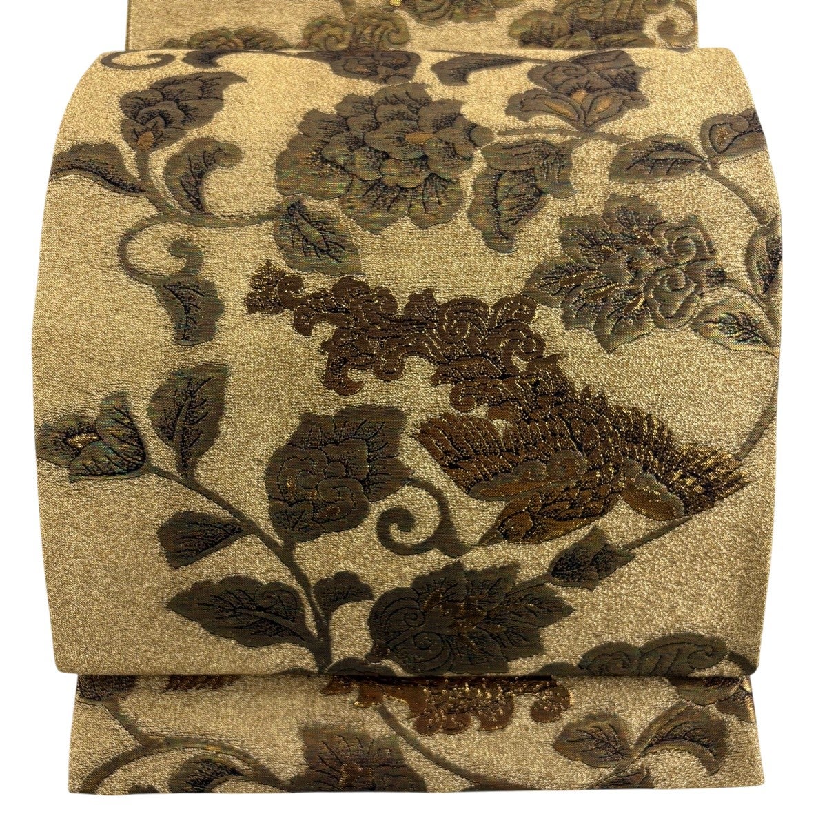 美品】 袋帯 名品 鳳凰 花唐草 箔 金色 全通 正絹｜中古・古着