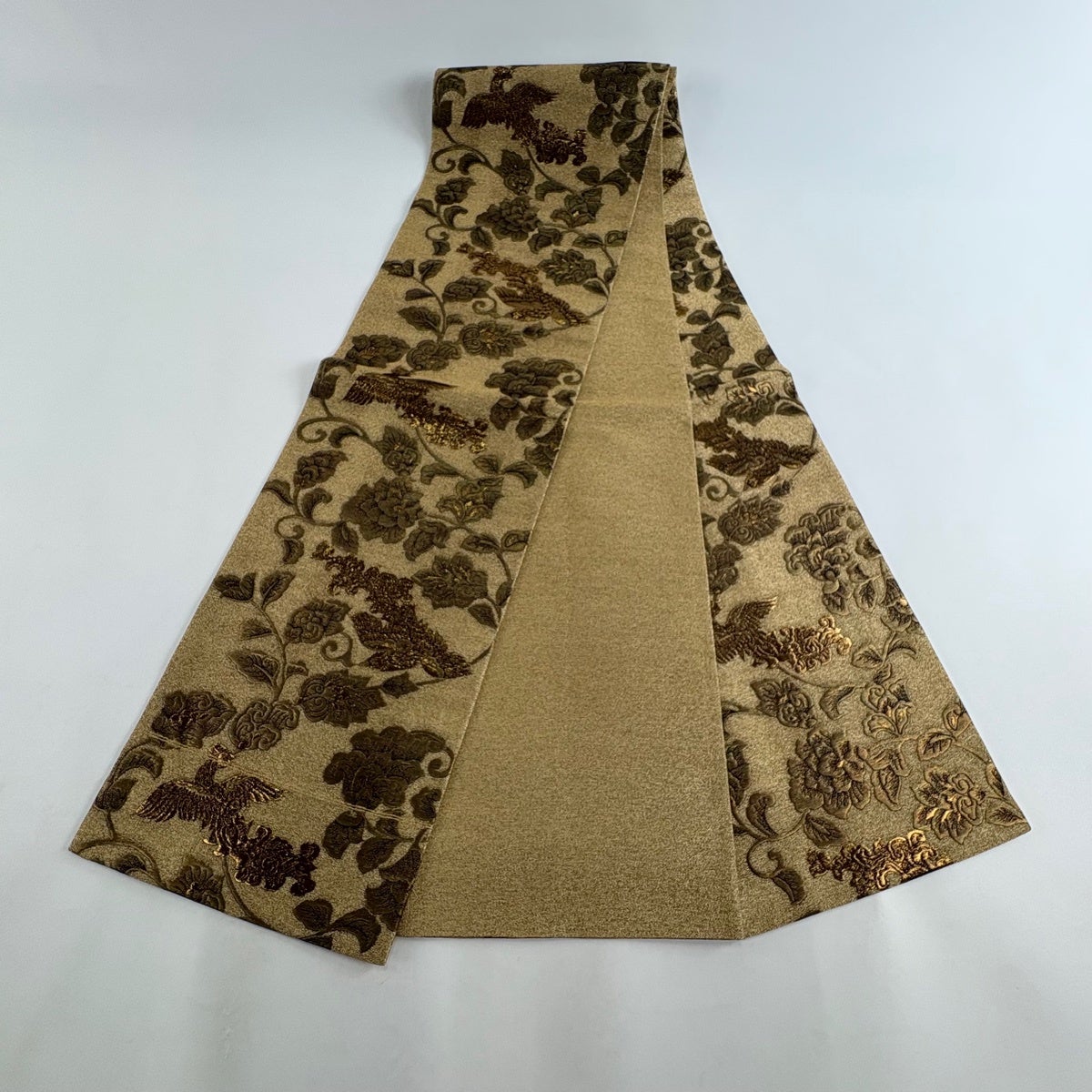 美品】 袋帯 名品 鳳凰 花唐草 箔 金色 全通 正絹｜中古・古着