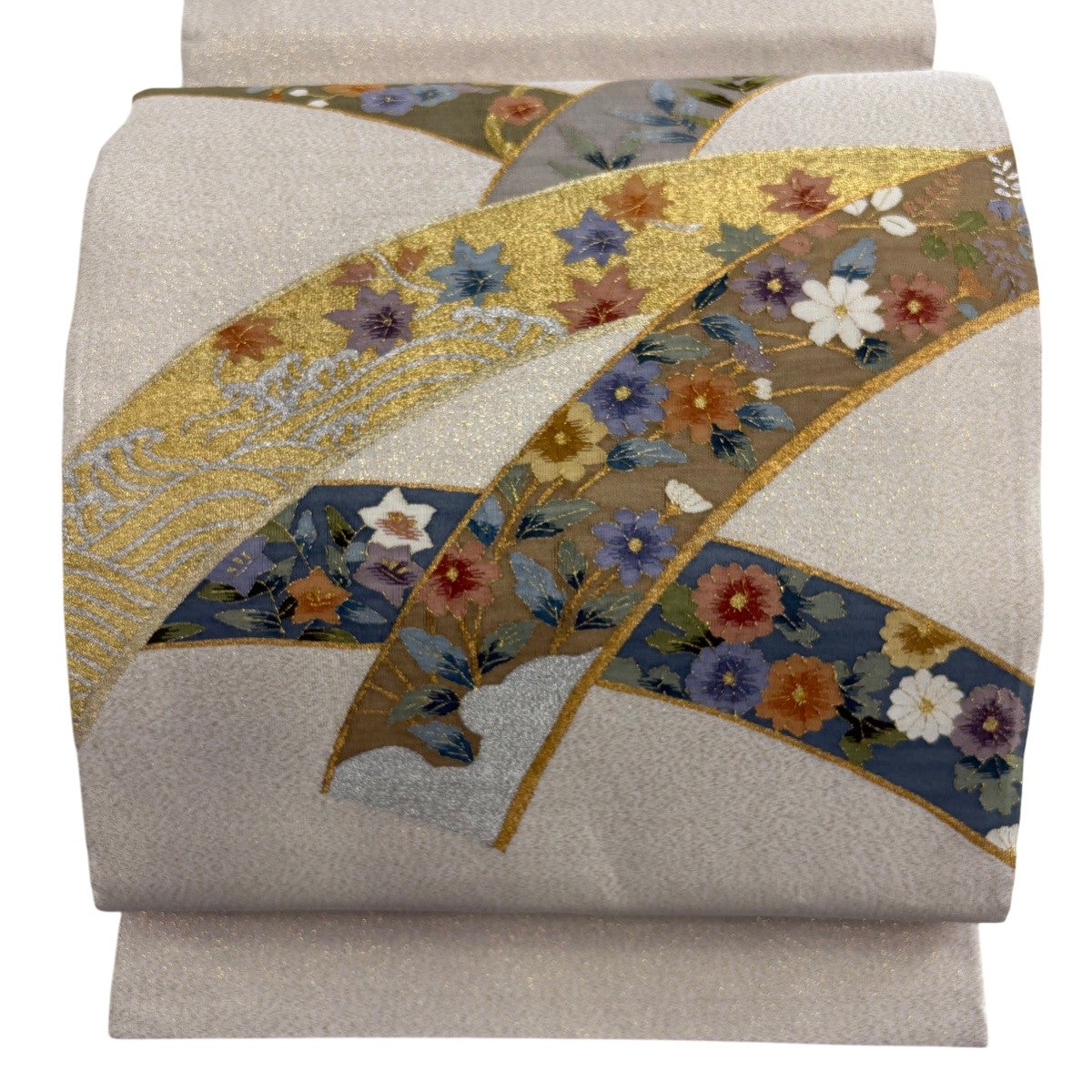 美品】 袋帯 名品 菊 楓 金銀糸 綴れ ベージュ お太鼓柄 正絹｜中古