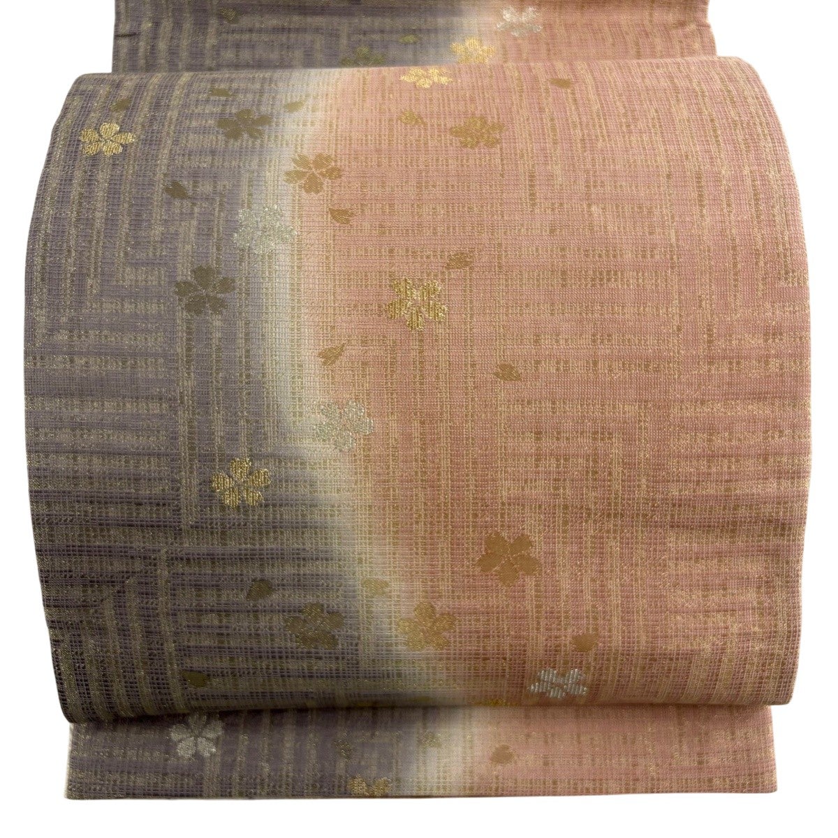 美品】 袋帯 名品 桜 幾何学模様 金銀糸 箔 ピンクベージュ 六通 正絹