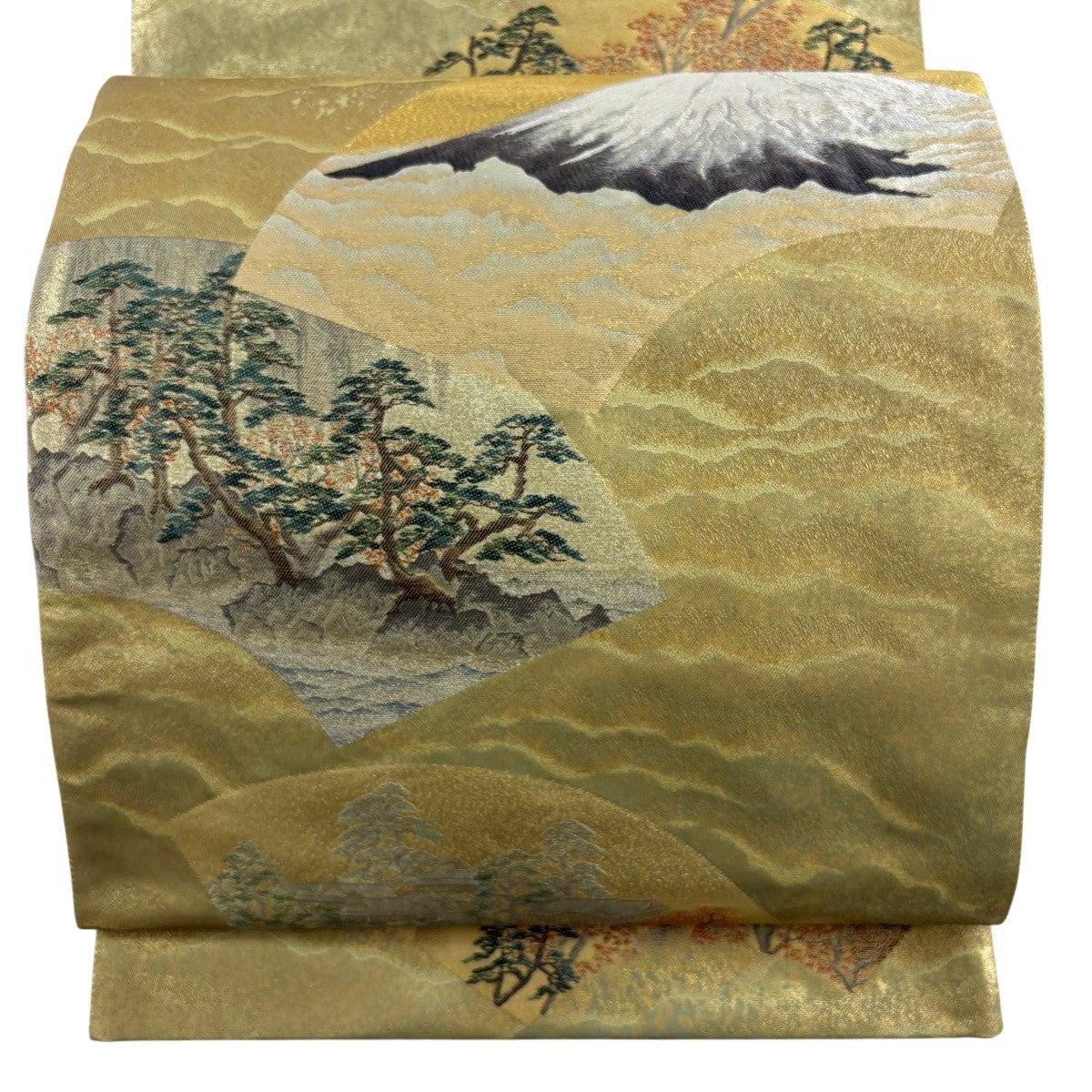 美品】 袋帯 名品 横山大観 落款あり 扇面 富士山 金糸 箔 抹茶色