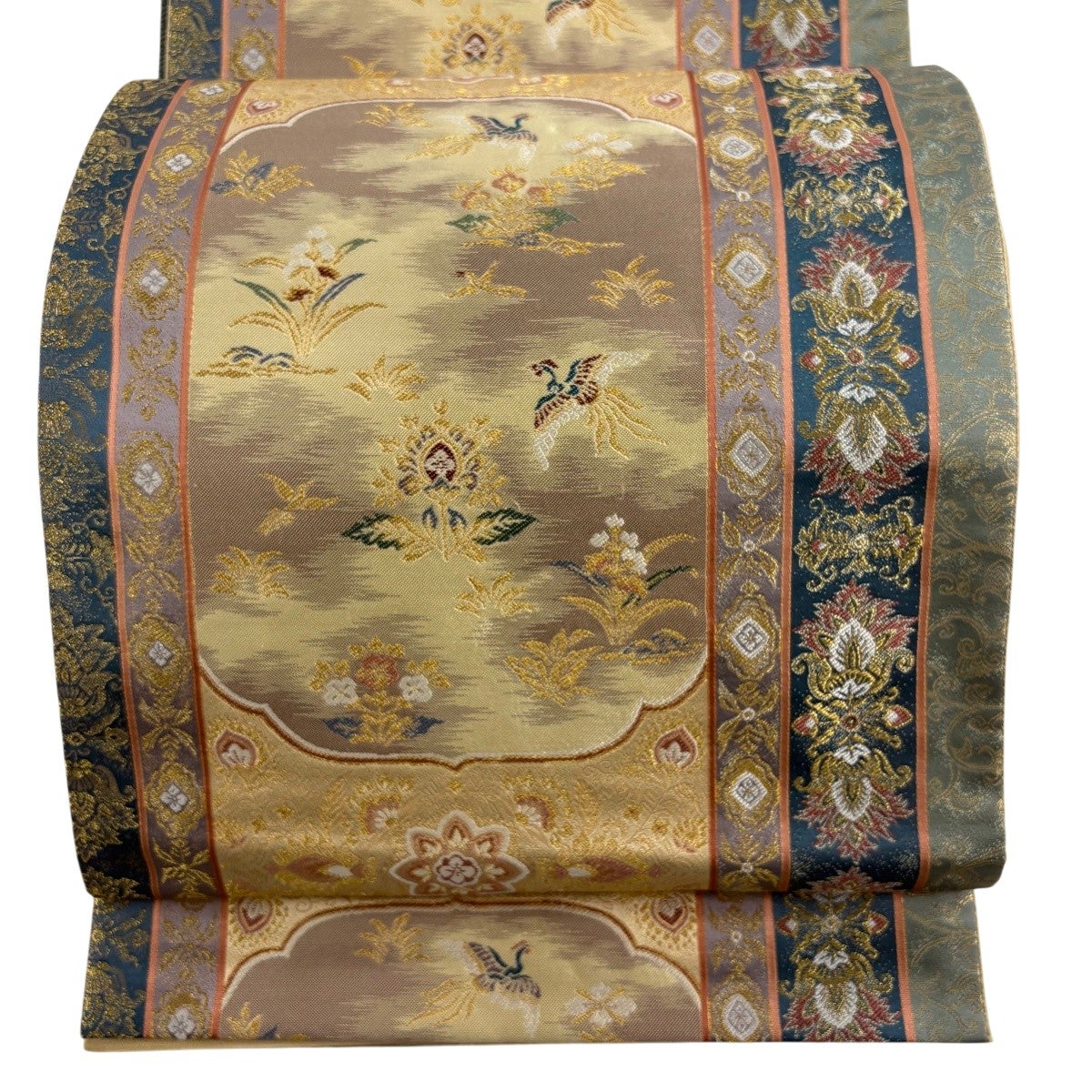 袋帯 美品 秀品 証紙 華文 尾長鳥 金糸 箔 金色 六通 正絹 【中古】