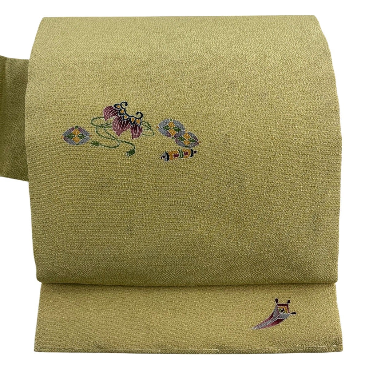 名古屋帯 名品 落款あり 隠れ蓑 巻物 縮緬 抹茶色 正絹｜中古・古着