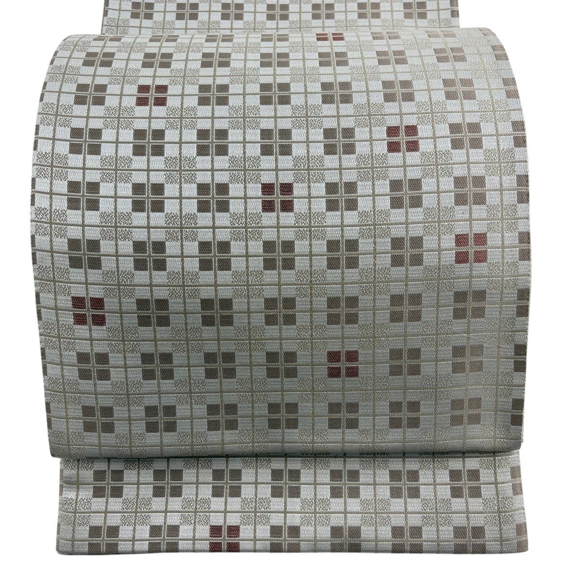 美品】 袋帯 名品 格子 幾何学模様 ベージュ 六通 正絹｜中古・古着