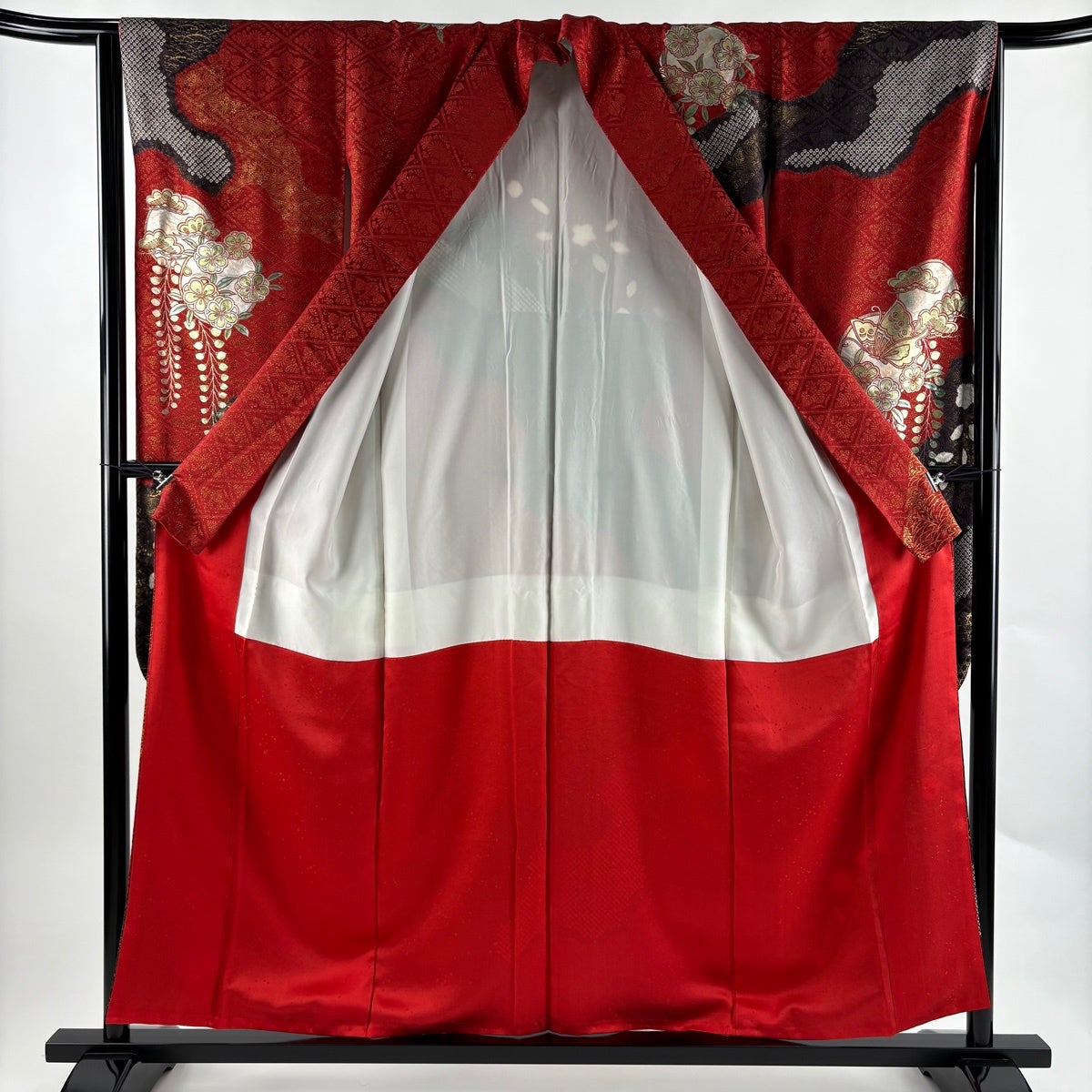 振袖 身丈157cm 裄丈65cm M 袷 蝶 花丸文 金銀彩 金糸 赤 正絹 名品