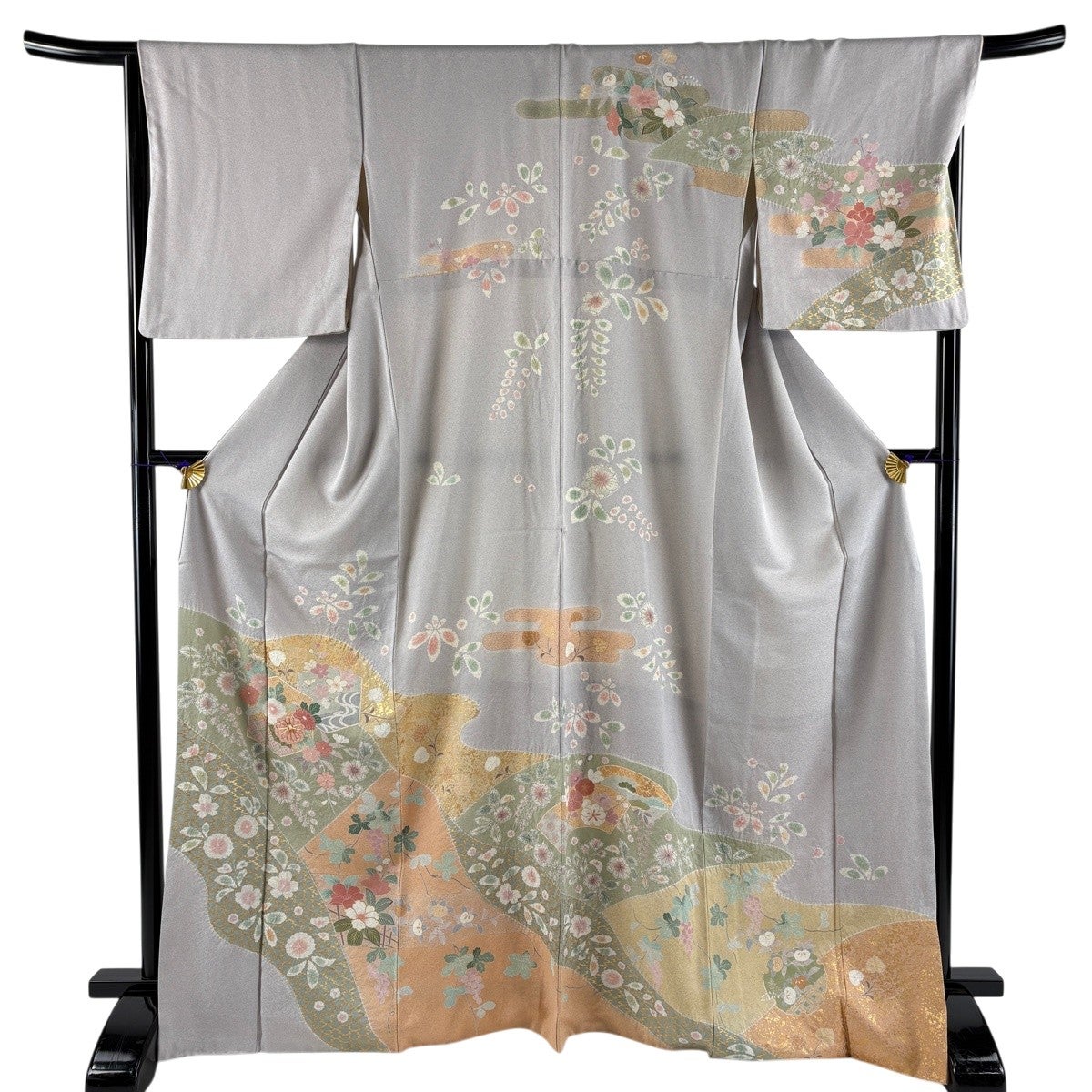 訪問着 身丈168cm 裄丈67.5cm L 袷 松皮菱 草花 金彩 金糸 薄紫 正絹
