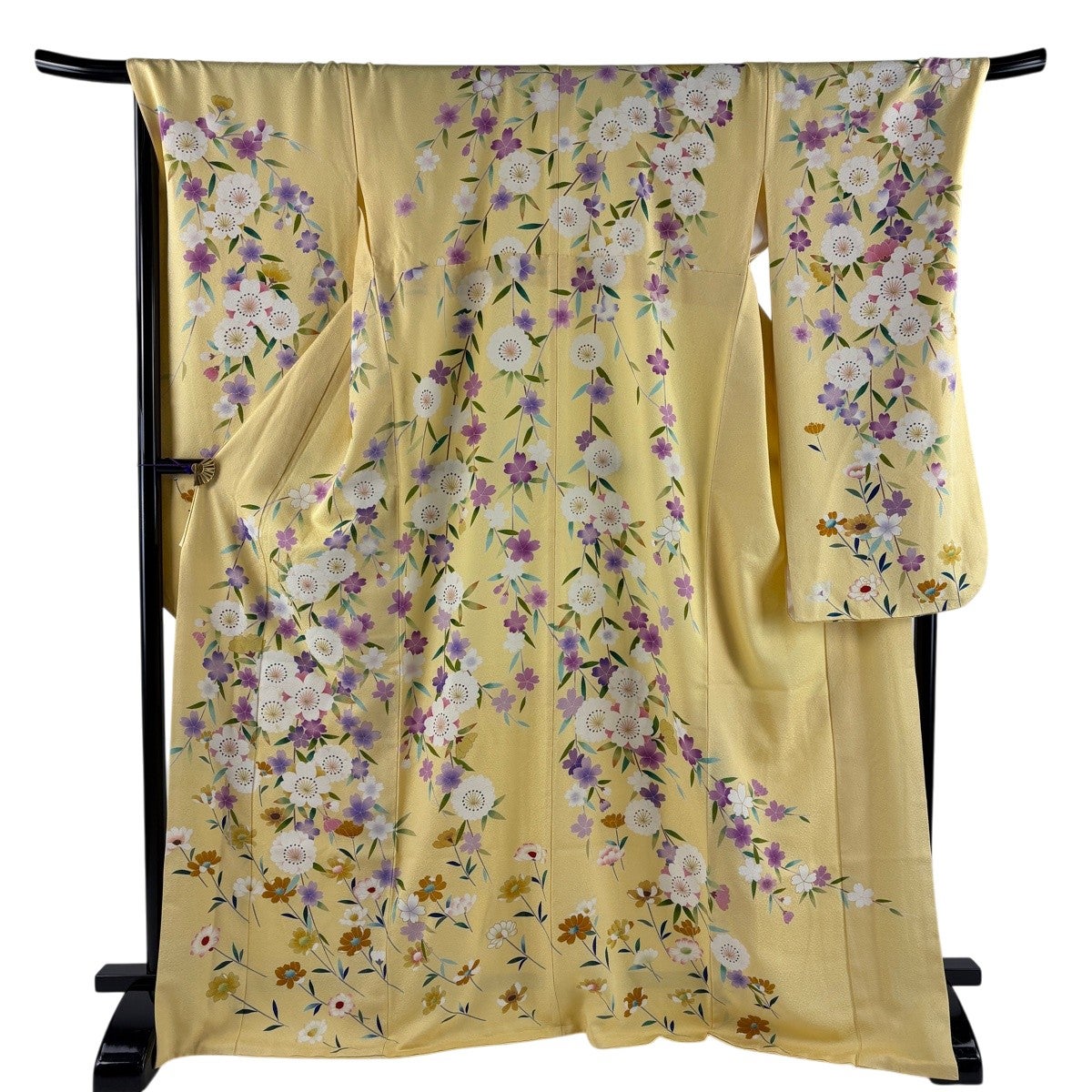 美品】 振袖 身丈170cm 裄丈72cm L 袷 桜 草花 金彩 黄色 正絹 名品