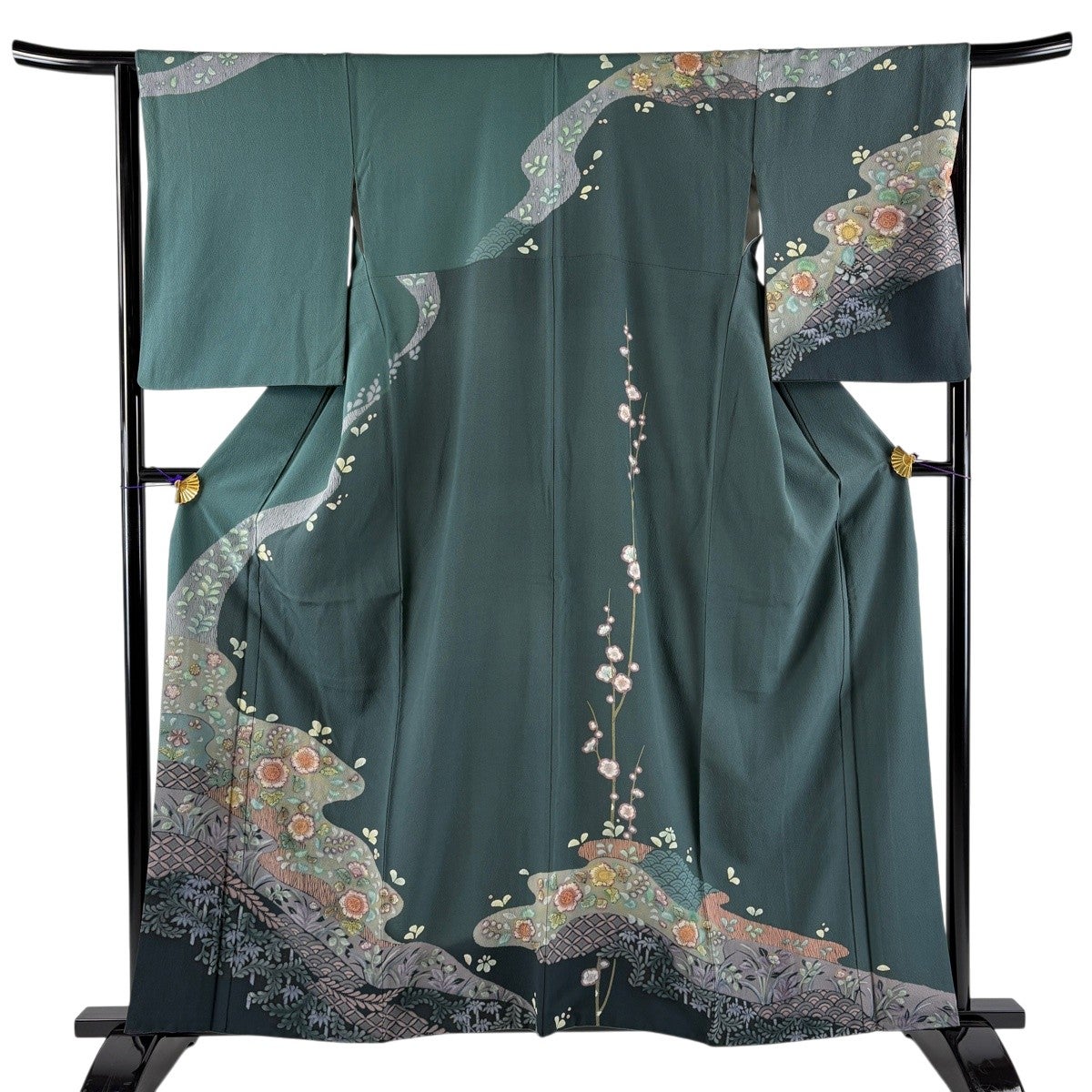訪問着 身丈159cm 裄丈65cm M 袷 霞 草花 縮緬 緑 正絹 名品｜中古