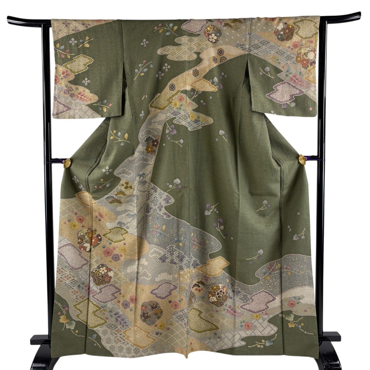 訪問着 身丈166cm 裄丈62cm S 袷 霞 梅 金糸 金彩 茶緑色 正絹 名品