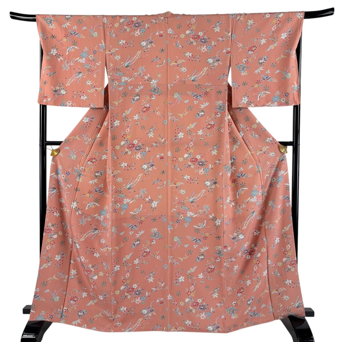 美品】 小紋 身丈167cm 裄丈68cm L 袷 鶴 草花 サーモンピンク 正絹
