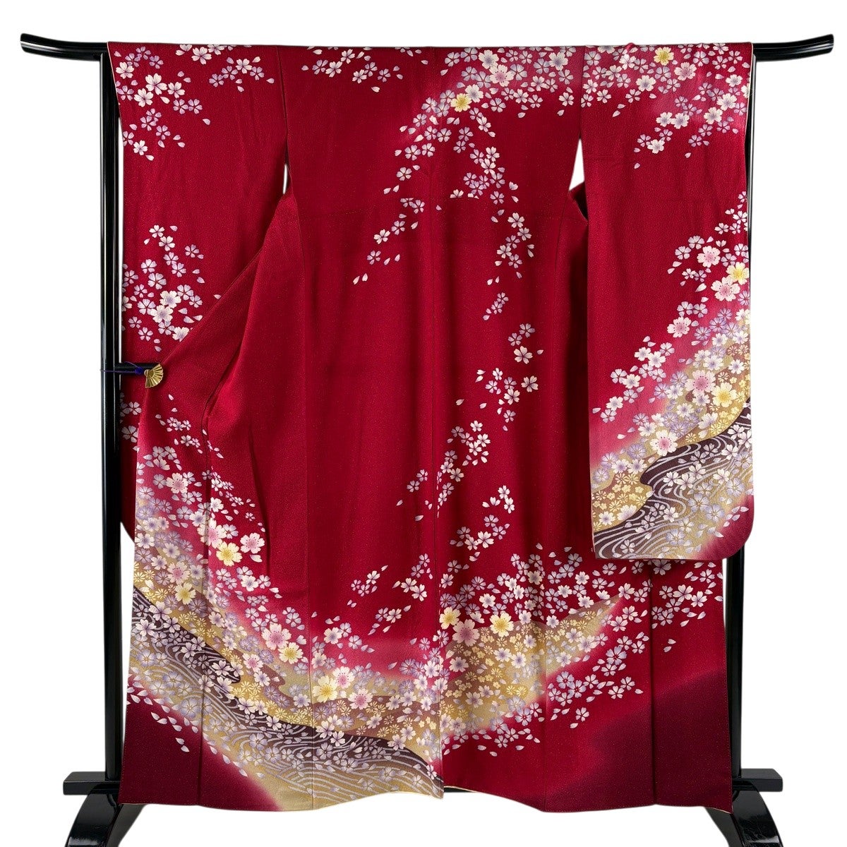 美品】 振袖 身丈161cm 裄丈65.5cm M 袷 桜 流水 金通し 金彩 赤 正絹