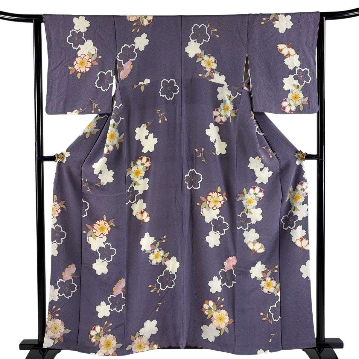 小紋 身丈159cm 裄丈63cm S 袷 桜 金彩 縮緬 薄紫 正絹 名品｜中古