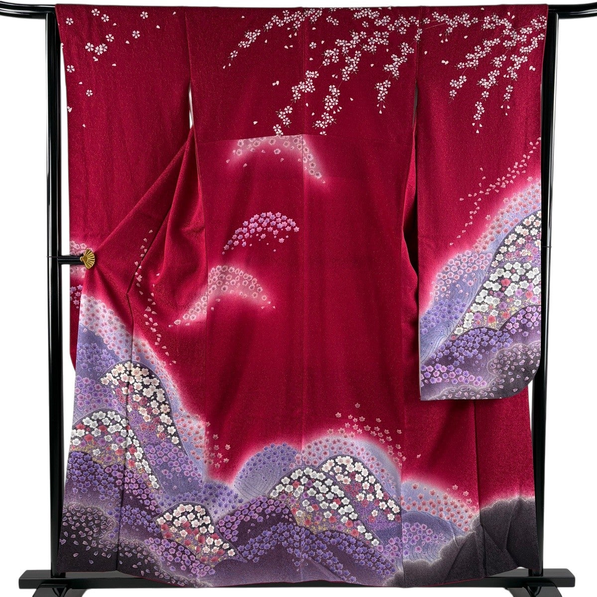 振袖 身丈158cm 裄丈64cm M 袷 桜 山並み 金通し 金彩 赤 正絹 名品