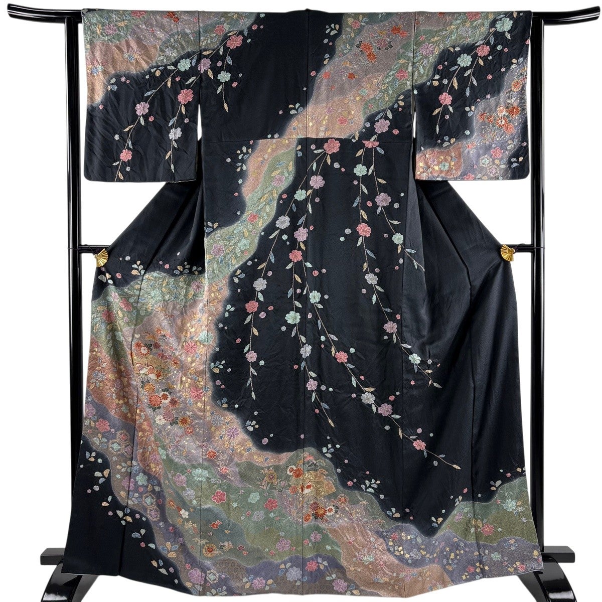 訪問着 身丈166cm 裄丈62cm S 袷 扇 松竹梅 金彩 絞り 黒 正絹 名品