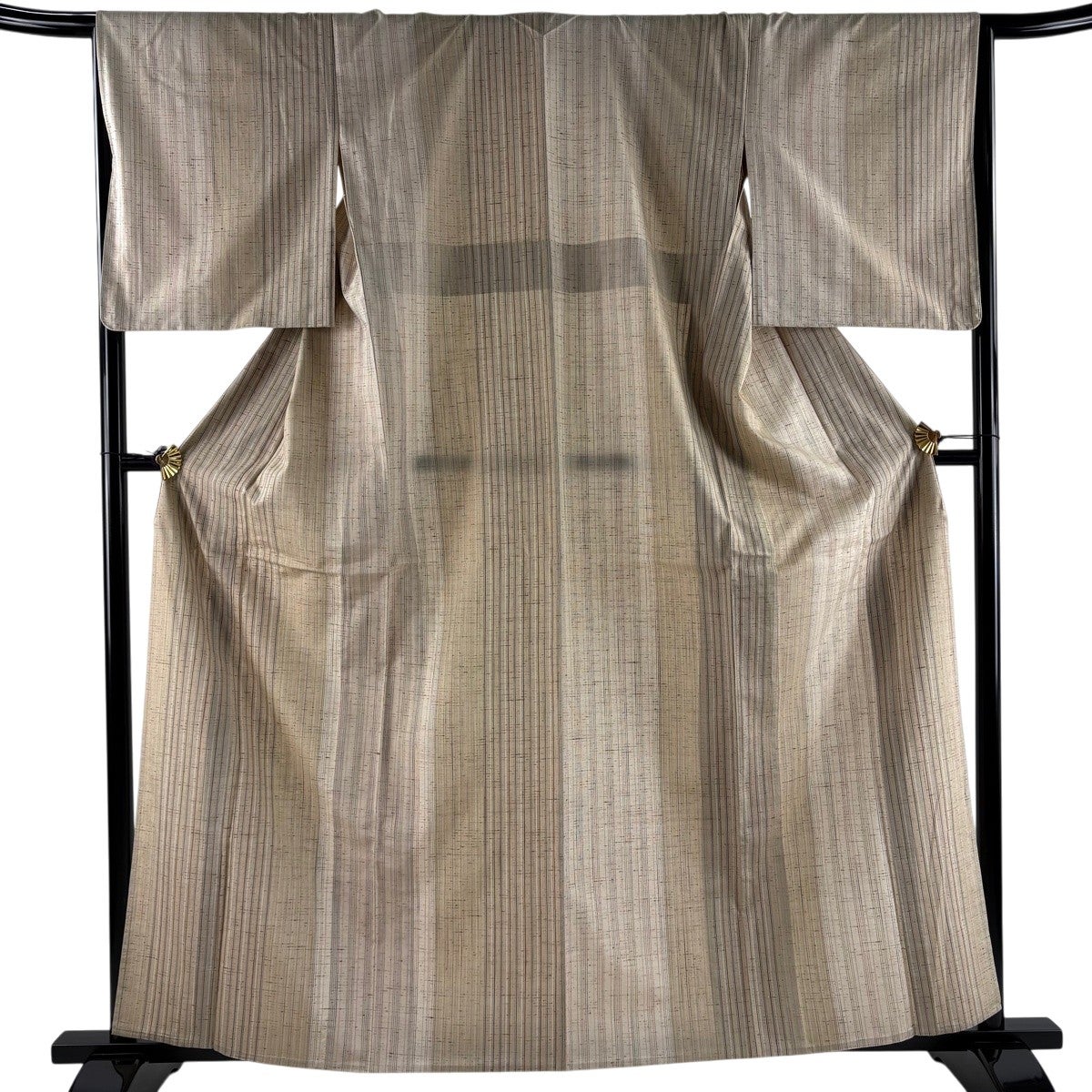 美品】 紬 身丈161.5cm 裄丈66.5cm M 単衣 縦縞 薄茶色 正絹 名品