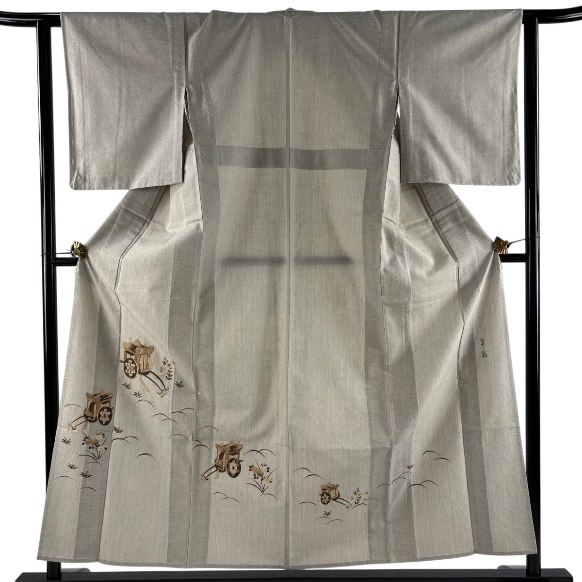美品】 付下げ 身丈156.5cm 裄丈62cm S 単衣 紬地 草苑 御所車 草花 灰