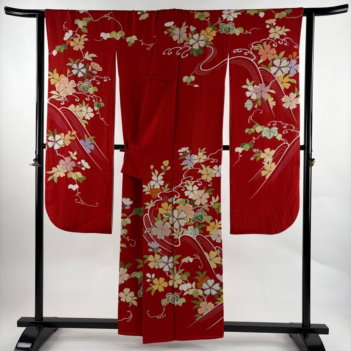 振袖 身丈157cm 裄丈66.5cm M 袷 千總 落款あり 草花 波 金糸 金彩 赤