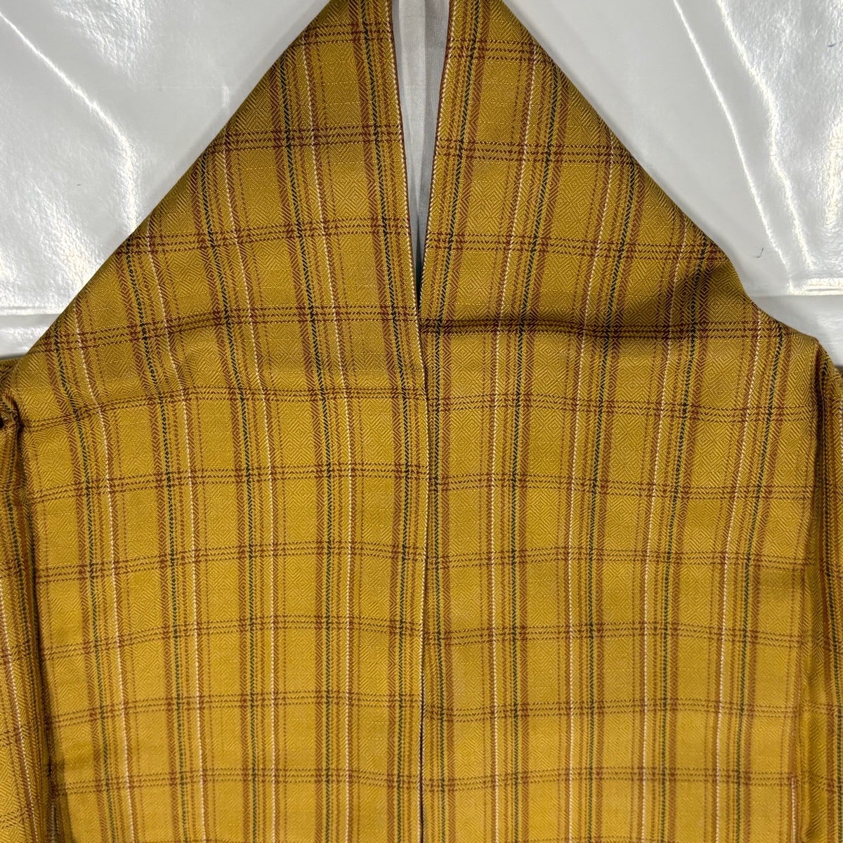 美品】 紬 身丈159cm 裄丈64cm M 袷 本場黄八丈 証紙あり 格子 山吹