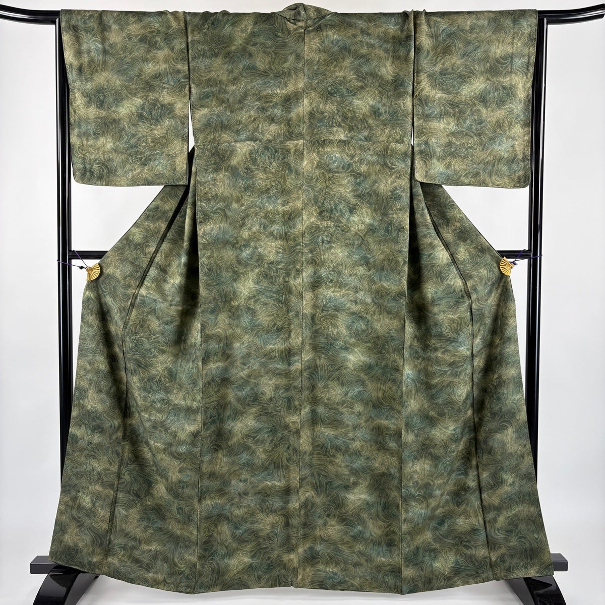 美品】 小紋 身丈163cm 裄丈66cm M 袷 袋帯セット 墨流し ぼかし 深緑