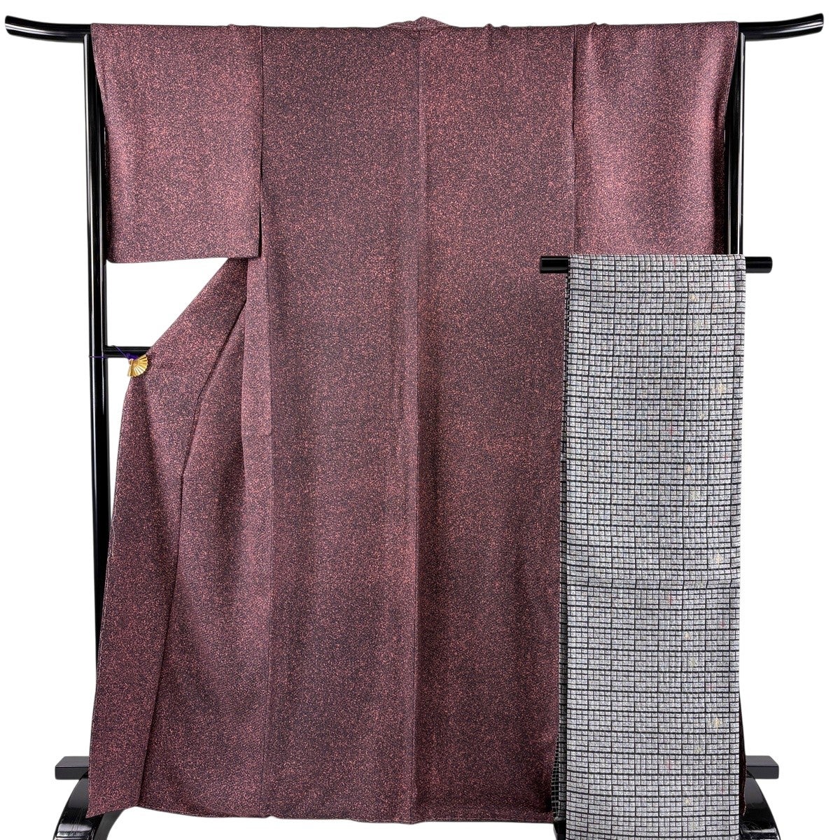 美品】 小紋 身丈166.5cm 裄丈66cm M 袷 袋帯セット 幾何学 小豆色