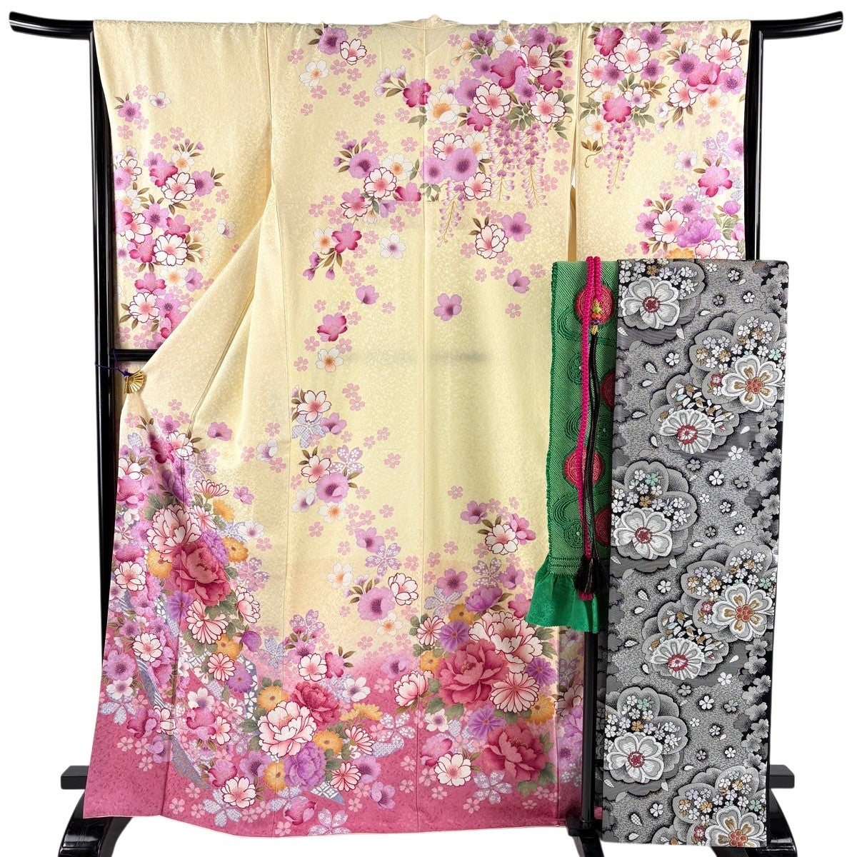振袖 身丈167.5cm 裄丈65cm M 袷 袋帯フルセット 牡丹 桜 金彩 箔 薄黄
