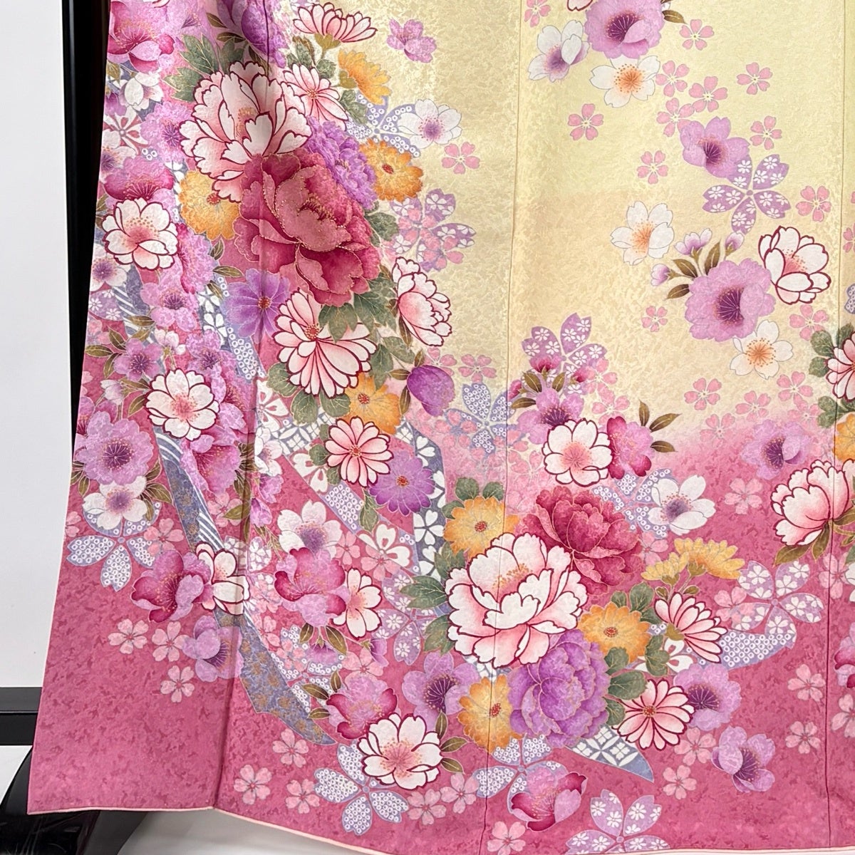 振袖 身丈167.5cm 裄丈65cm M 袷 袋帯フルセット 牡丹 桜 金彩 箔 薄黄