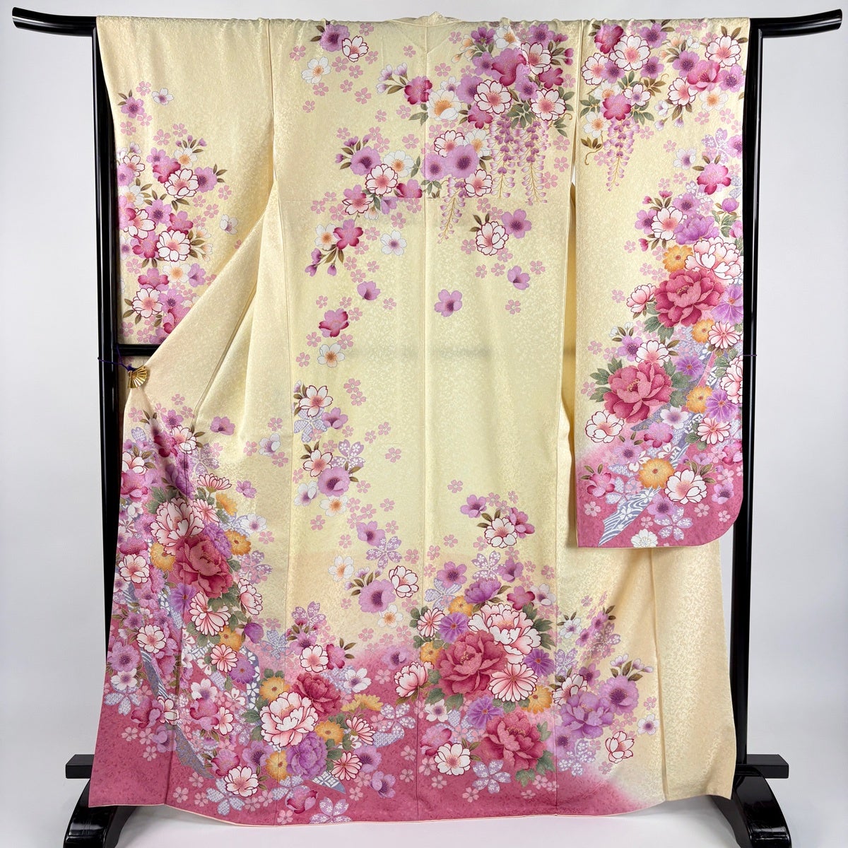 振袖 身丈167.5cm 裄丈65cm M 袷 袋帯フルセット 牡丹 桜 金彩 箔 薄黄