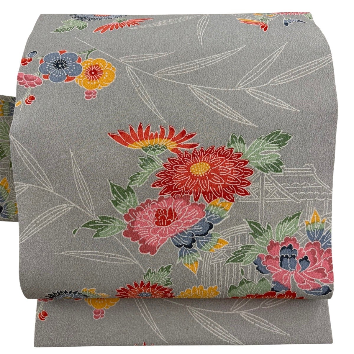 名古屋帯 名品 菊 牡丹 銀糸 灰色 正絹｜中古・古着・リサイクル着物