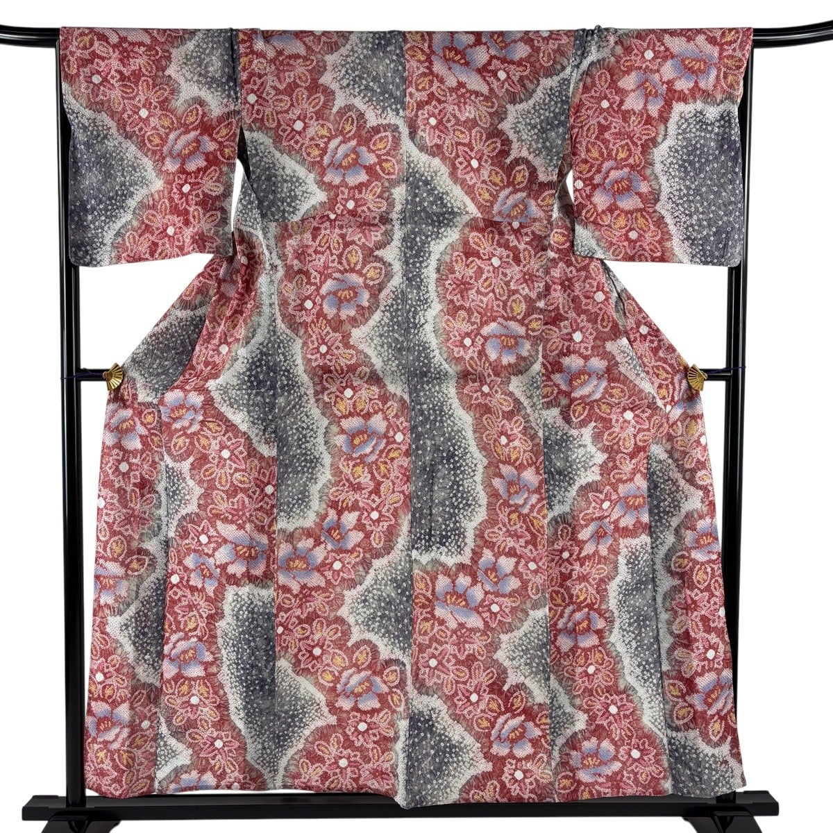美品】 浴衣 身丈154.5cm 裄丈66cm M 絞り浴衣 草花 絞り 朱色 綿 名品