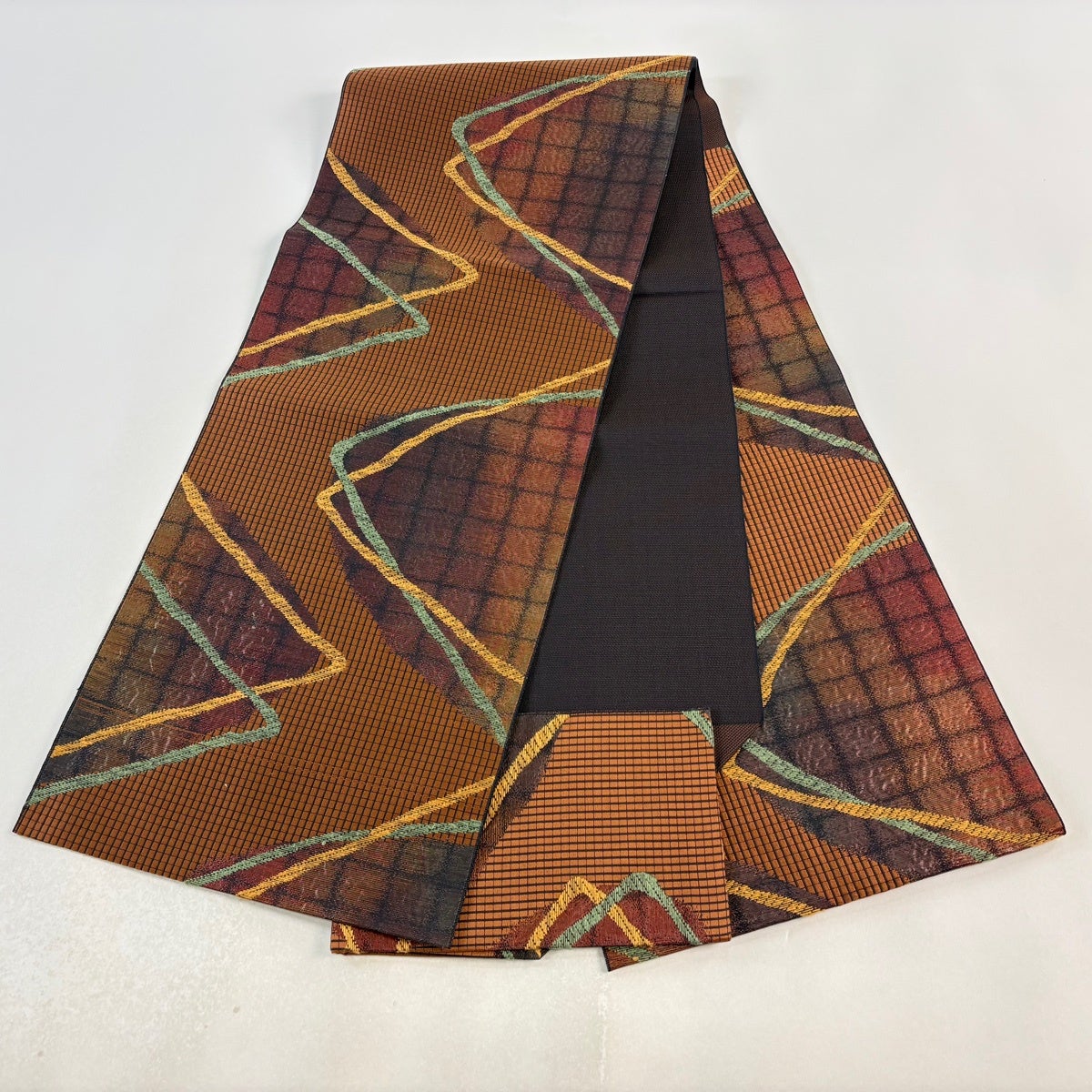 美品】 名古屋帯 優品 八寸名古屋帯 松葉仕立て 幾何学模様 格子 箔