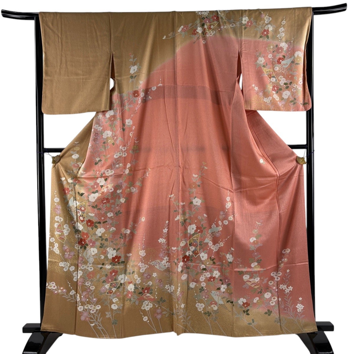 美品】 訪問着 身丈162.5cm 裄丈66cm M 袷 扇 草花 金彩 染め分け