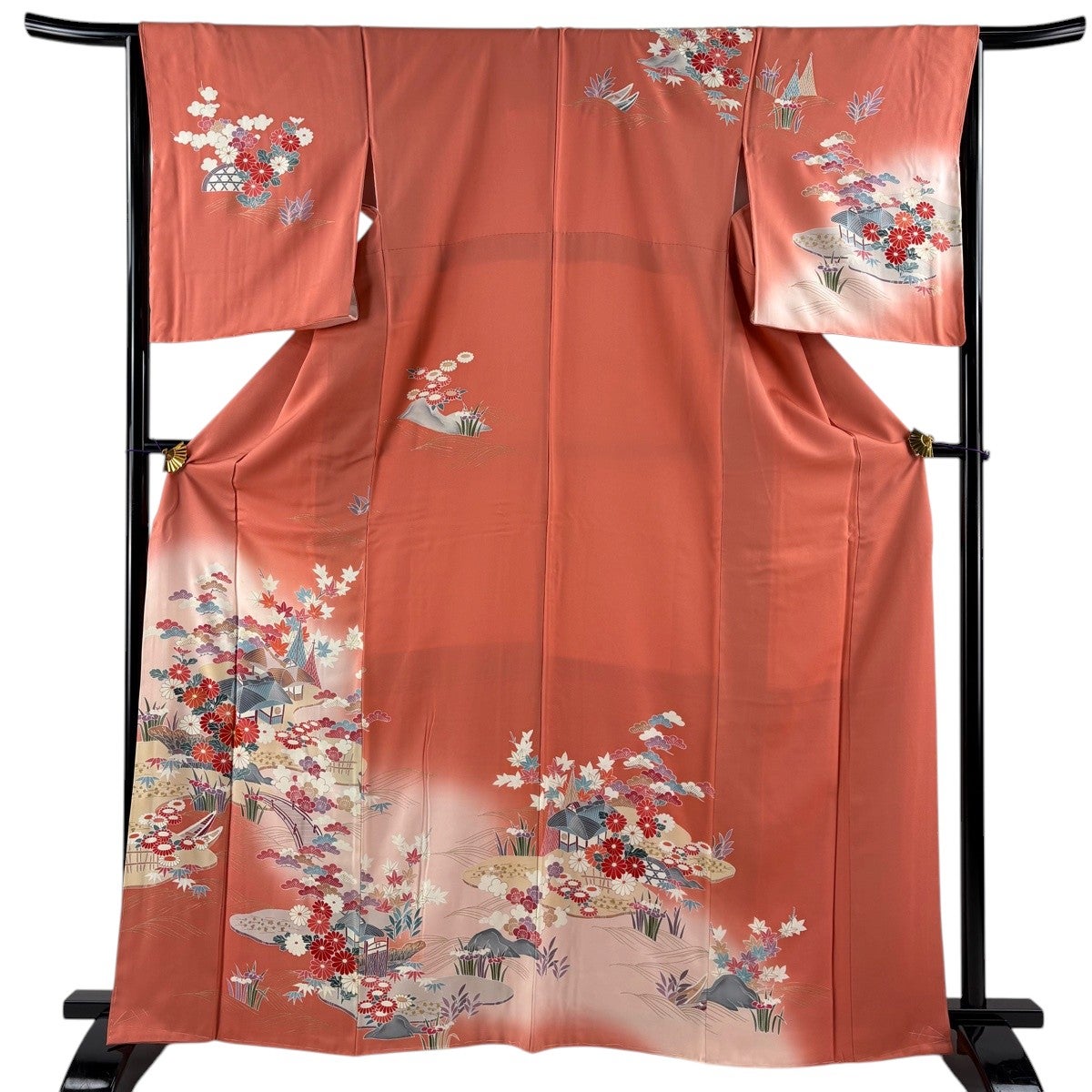 訪問着 身丈166.5cm 裄丈64.5cm M 袷 家屋 松竹梅 金糸 金彩 サーモン