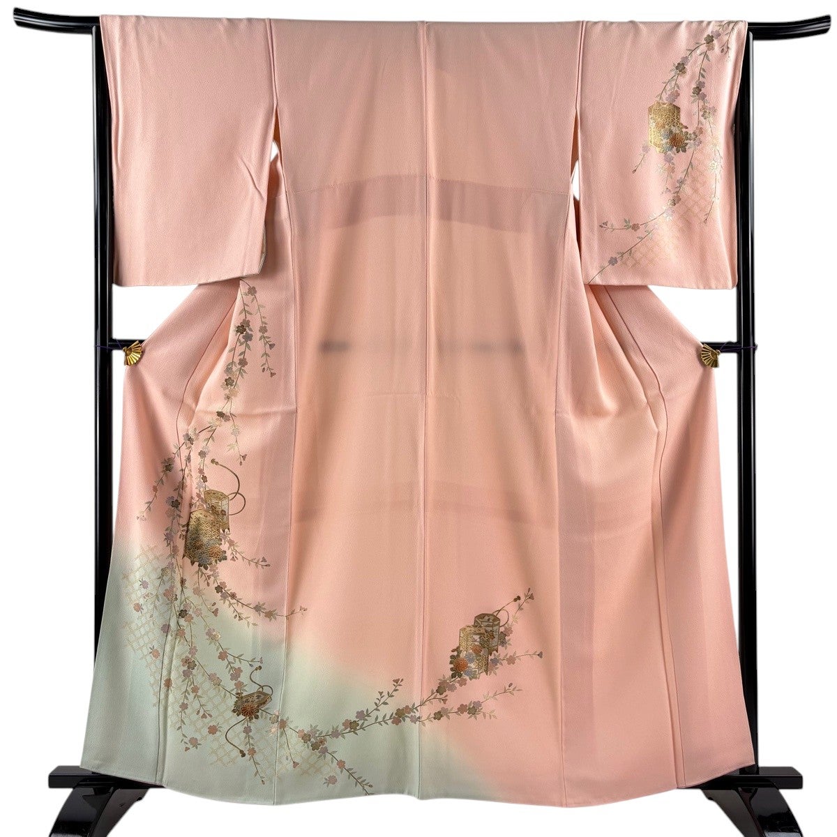 美品】 訪問着 身丈161cm 裄丈65cm M 袷 貝桶 枝垂れ桜 金銀彩 ぼかし