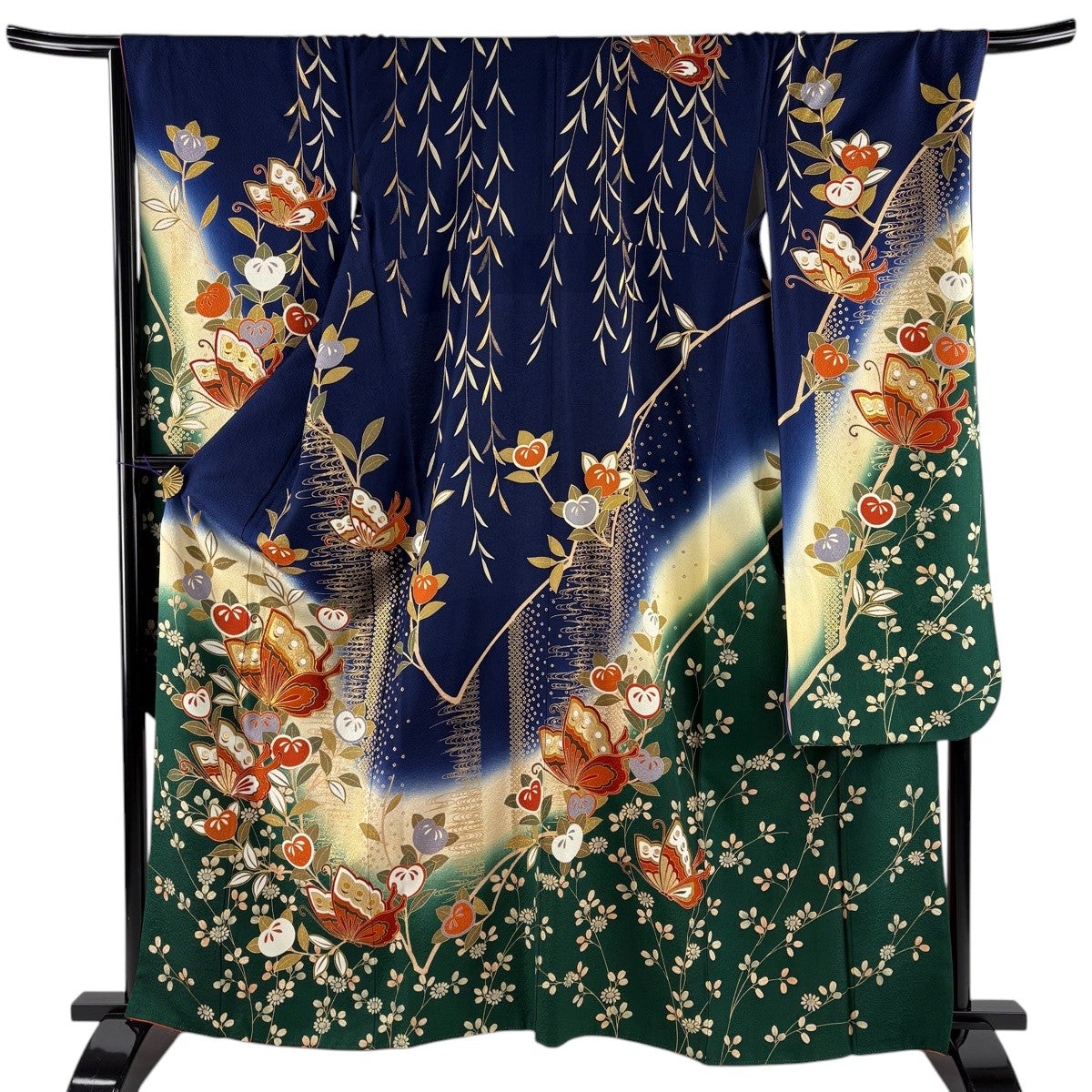 振袖 身丈162cm 裄丈68.5cm L 袷 蝶 橘 金糸 金彩 紺色 正絹 秀品