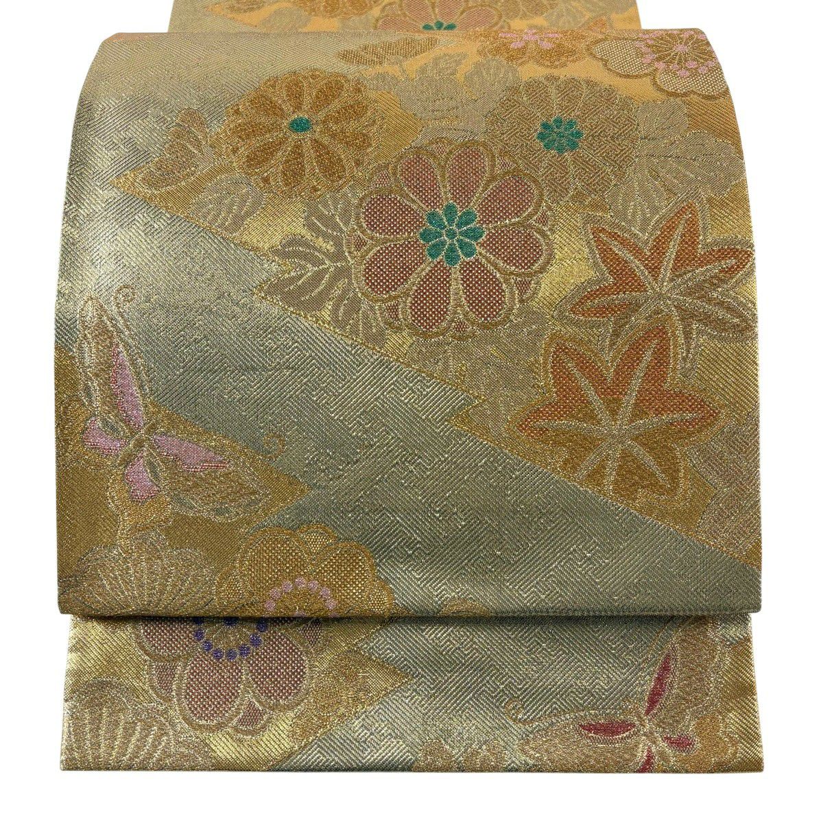 名古屋帯　金糸　松　蝶　梅　シルバー　着物　013b d ms 銀座【H-0898】塩瀬地 染名古屋帯 鳶色 梅の図 - 銀座きもの青木｜長く