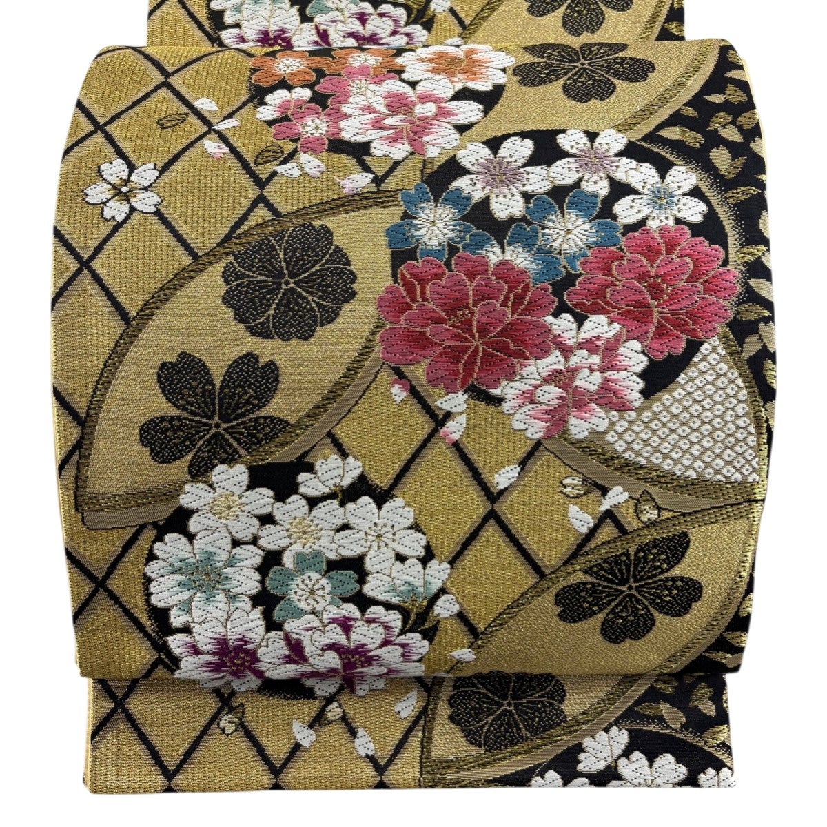 美品】 袋帯 名品 七宝文 桜 刺繍 金糸 黒 六通 正絹｜中古・古着