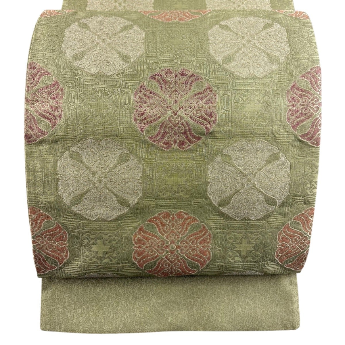 50%OFF 【美品】 名古屋帯 名品 猫 葉柄 縮緬 抹茶色 正絹 K50｜中古