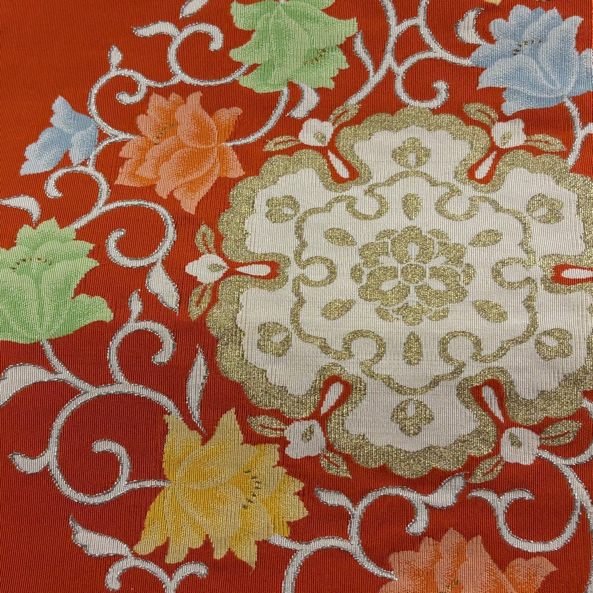 美品】 名古屋帯 優品 八寸名古屋帯 松葉仕立て 華文 花唐草 金銀糸