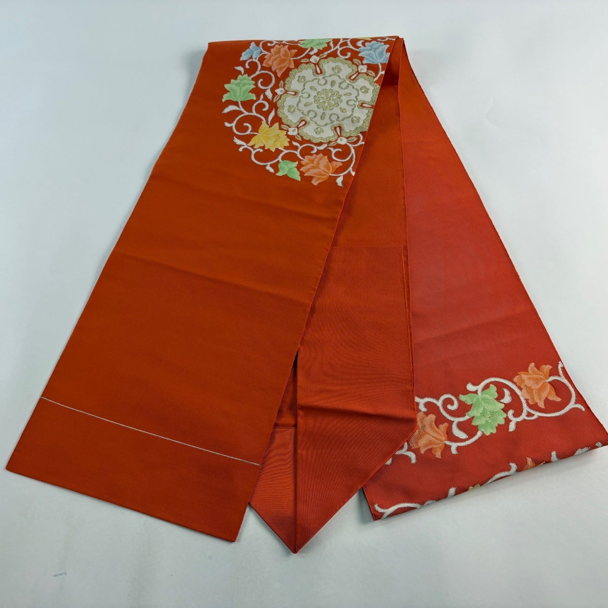 美品】 名古屋帯 優品 八寸名古屋帯 松葉仕立て 華文 花唐草 金銀糸